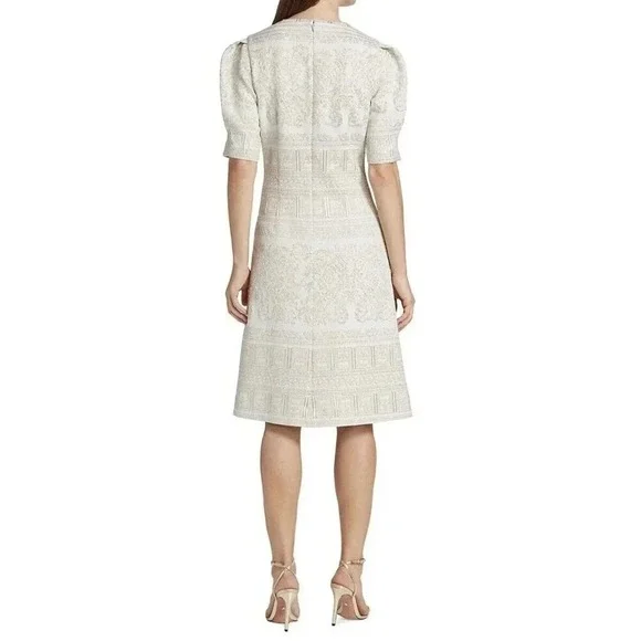 Teri Jon Rickie Freeman Midi Dress 4 Metallic Embroidered Puff Sleeve Event Gala